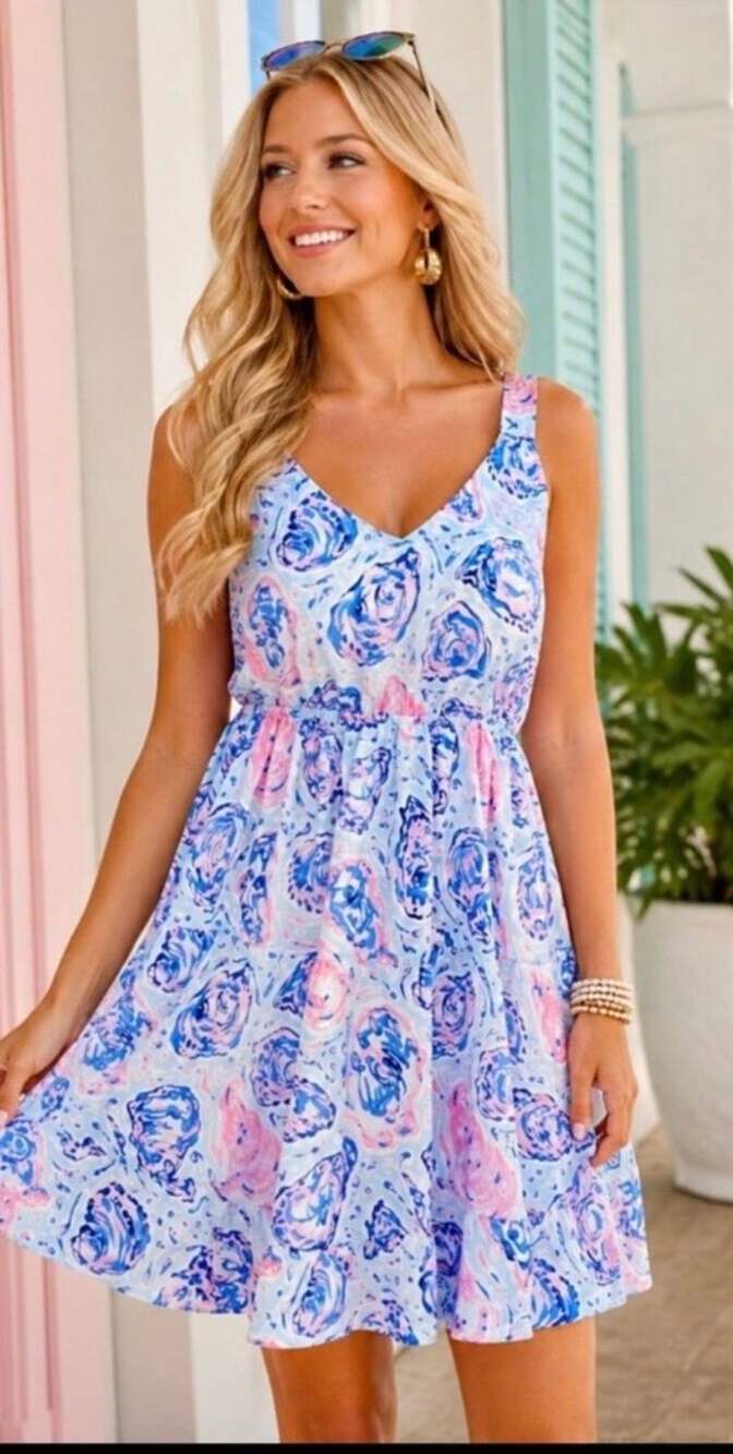 Simply Southern Blue Pink Oyster Print Smocked Dress w Tie Straps XL